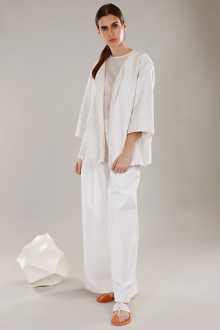 White Thread Embroidered Jacket by DHI