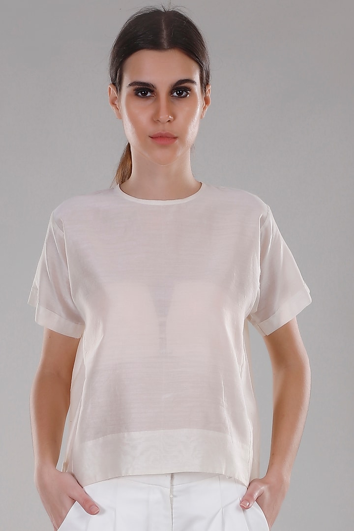 Ivory Chanderi Silk T-Shirt by DHI at Pernia's Pop Up Shop