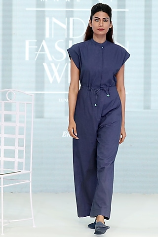 Navy Blue Khadi Jumpsuit by DHI