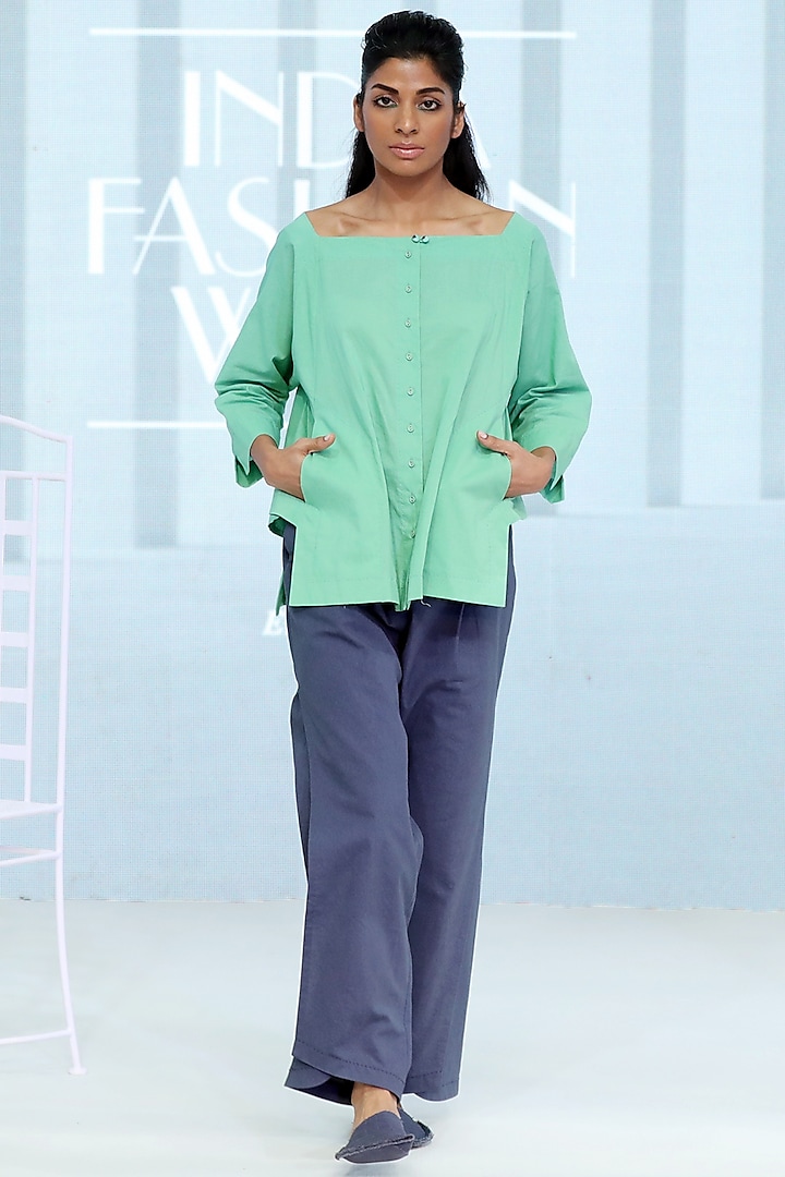 Green Hand Embroidered Flared Shirt by DHI