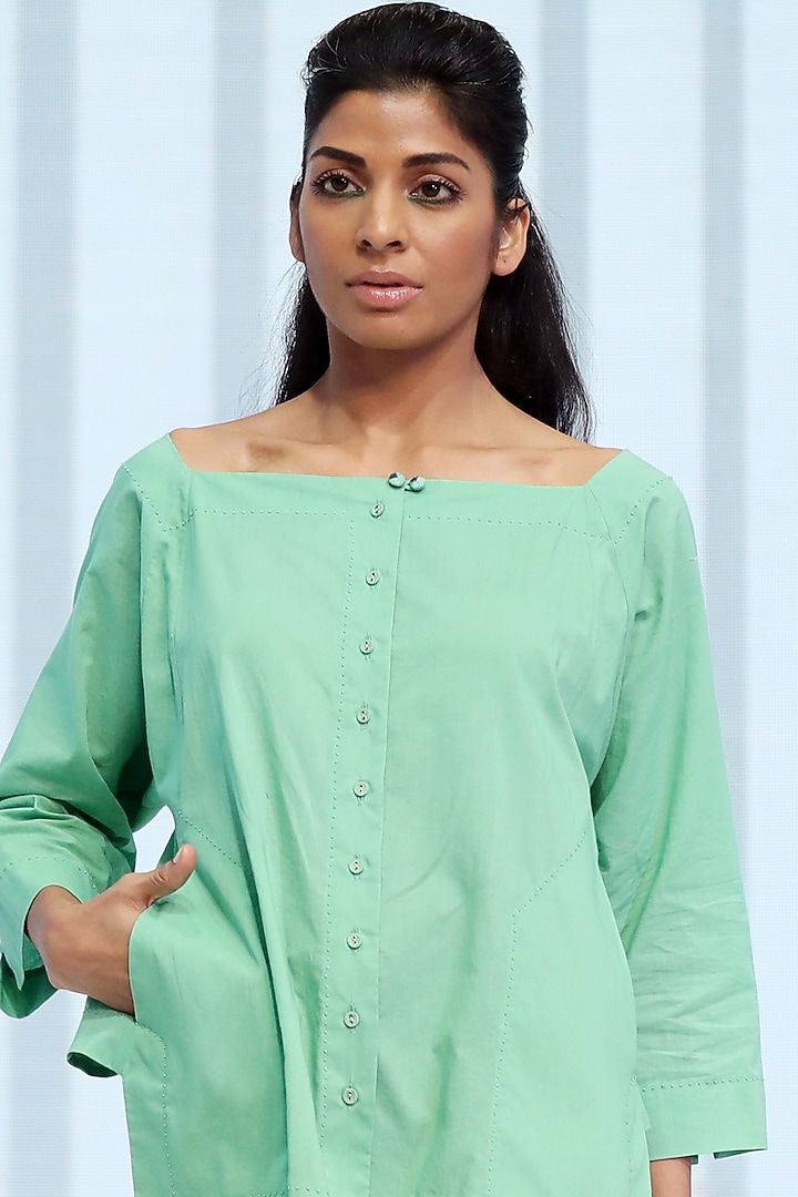 Green Hand Embroidered Flared Shirt by DHI at Pernia's Pop Up Shop