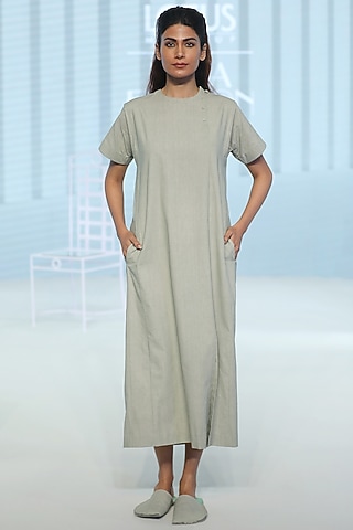Silvered Green Khadi Shift Dress by DHI