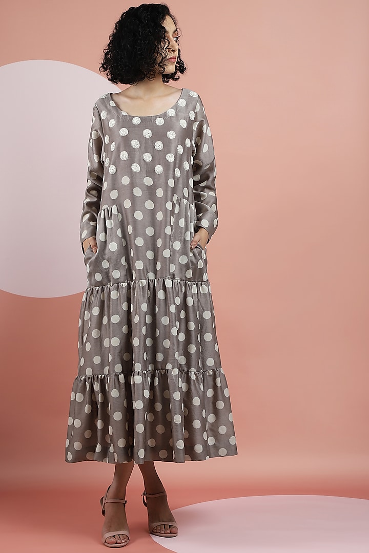 Taupe Hand Printed Tiered Dress by DHI