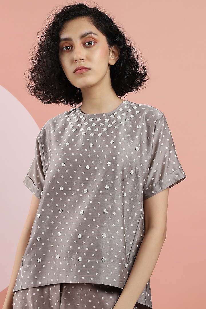 Taupe Hand Printed T-shirt by DHI at Pernia's Pop Up Shop
