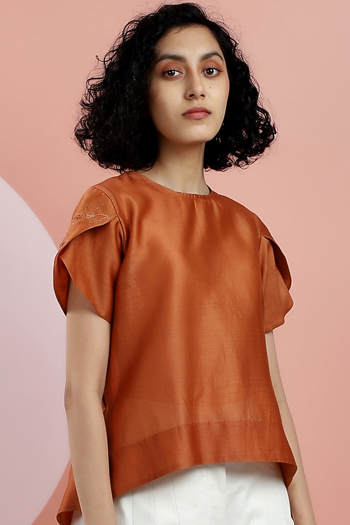 Rust Orange Embroidered T-shirt by DHI at Pernia's Pop Up Shop