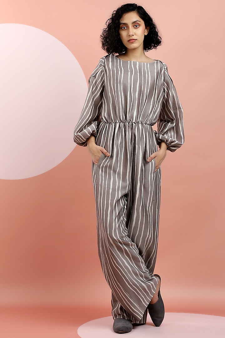 Taupe Hand Printed Jumpsuit by DHI
