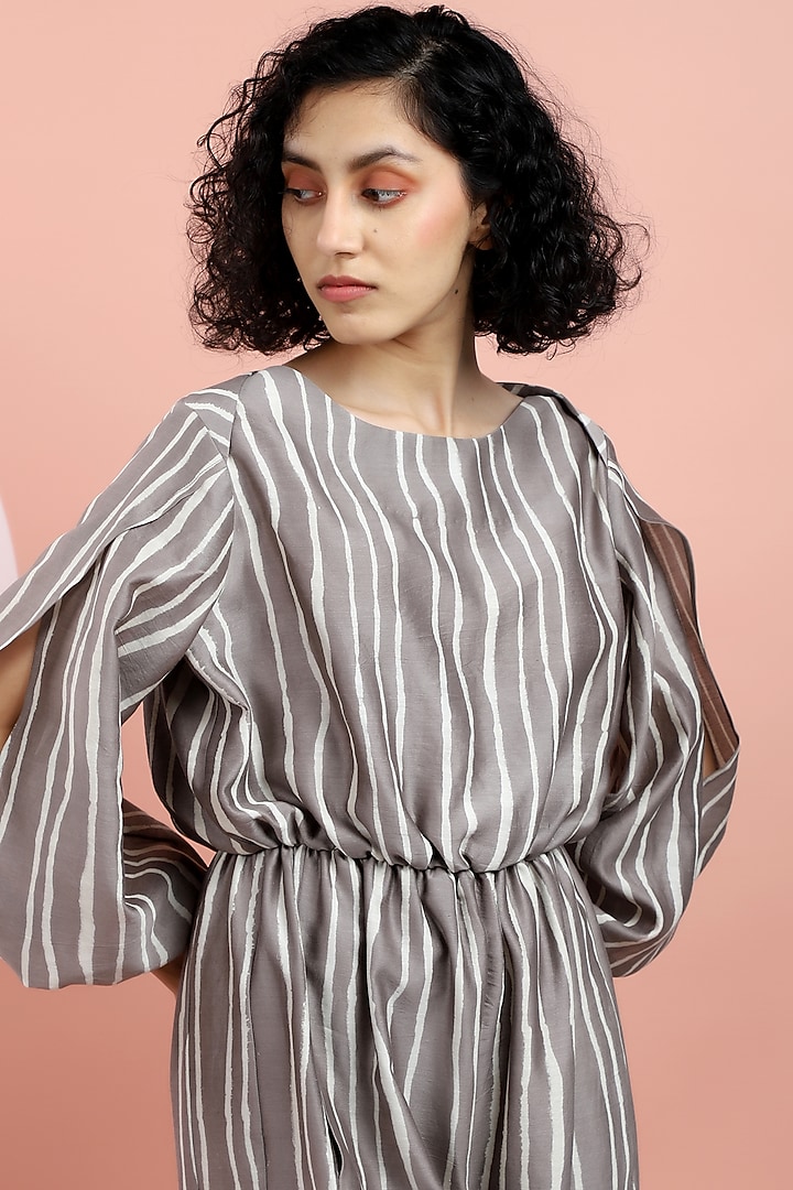 Taupe Hand Printed Jumpsuit by DHI at Pernia's Pop Up Shop