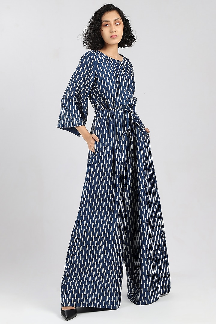Indigo Hand Printed Jumpsuit by DHI