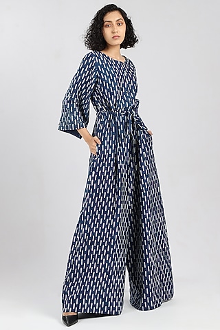 Indigo Hand Printed Jumpsuit by DHI