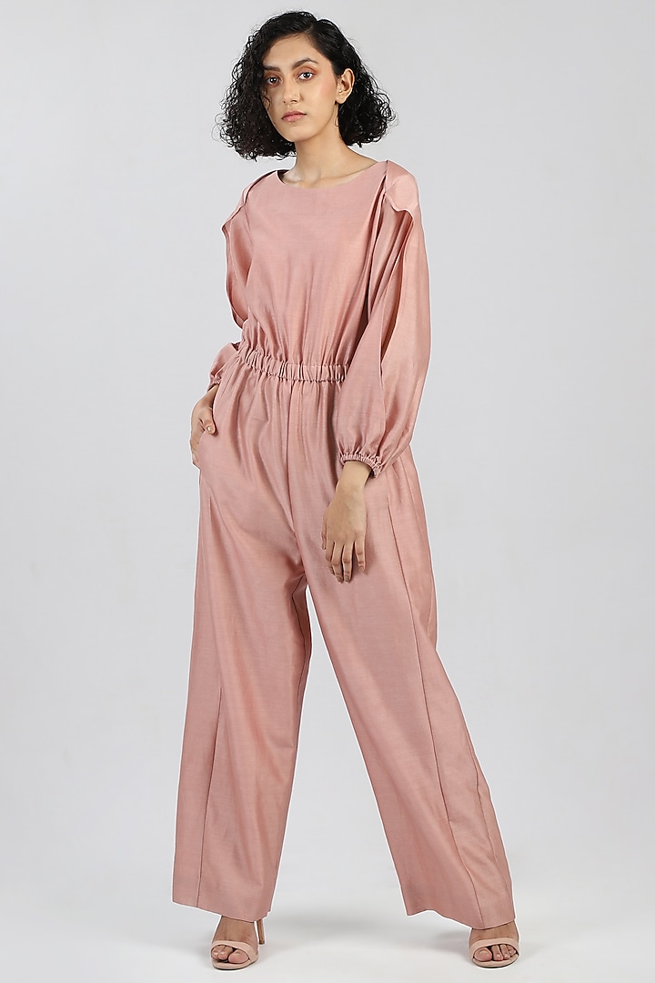 Blush Pink Chanderi Jumpsuit by DHI