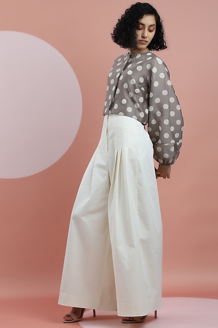 Ceramic White Cotton Twill Flared Pants by DHI