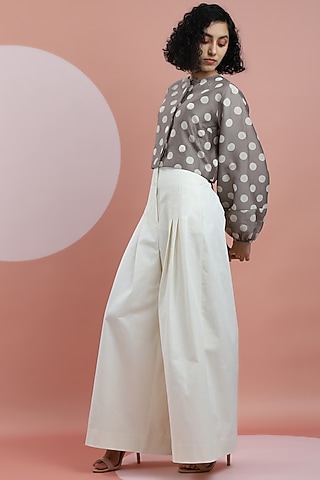 Ceramic White Cotton Twill Flared Pants by DHI