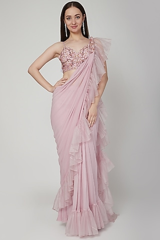 Lavender Georgette & Organza Pre-Draped Ruffled Saree Set by NIKITA KANODIA GUPTA