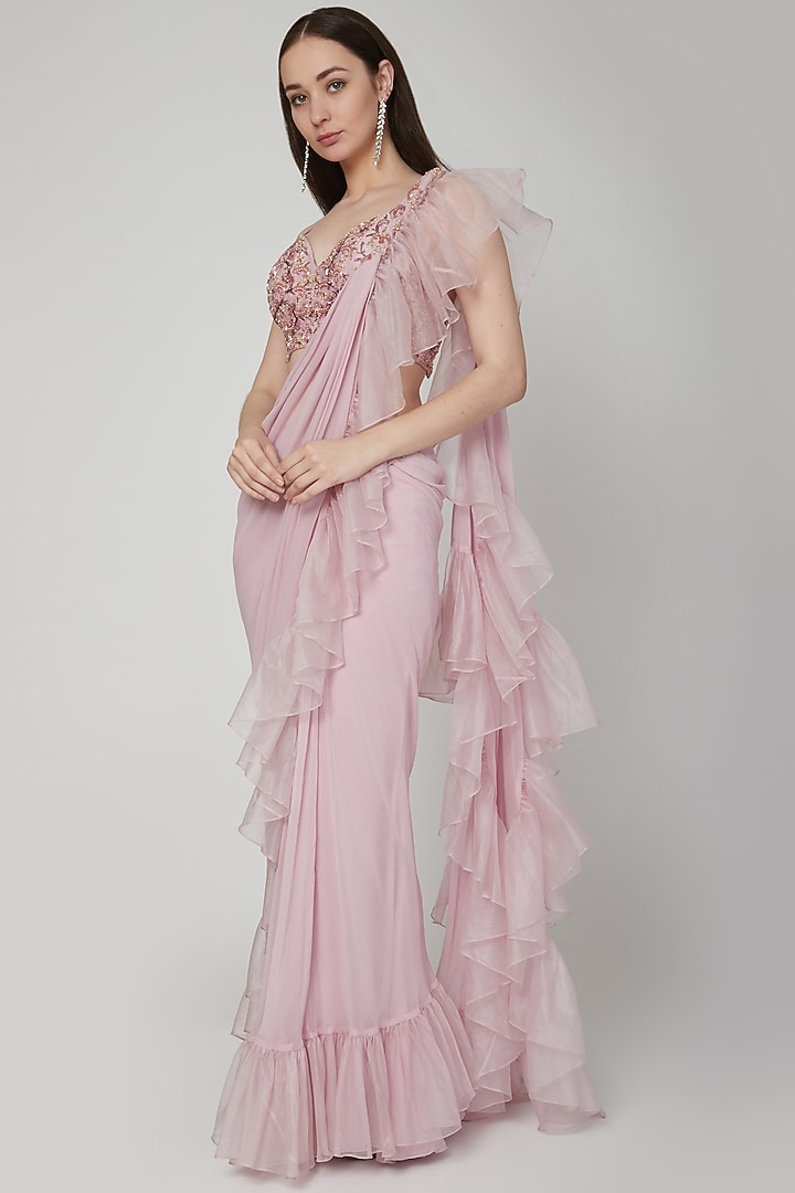 Lavender Georgette & Organza Pre-Draped Ruffled Wedding Saree Set by NIKITA KANODIA GUPTA at Pernia's Pop Up Shop