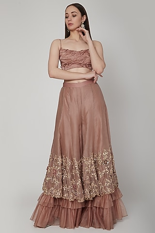Almond Brown Embroidered Sharara Set by NIKITA KANODIA GUPTA