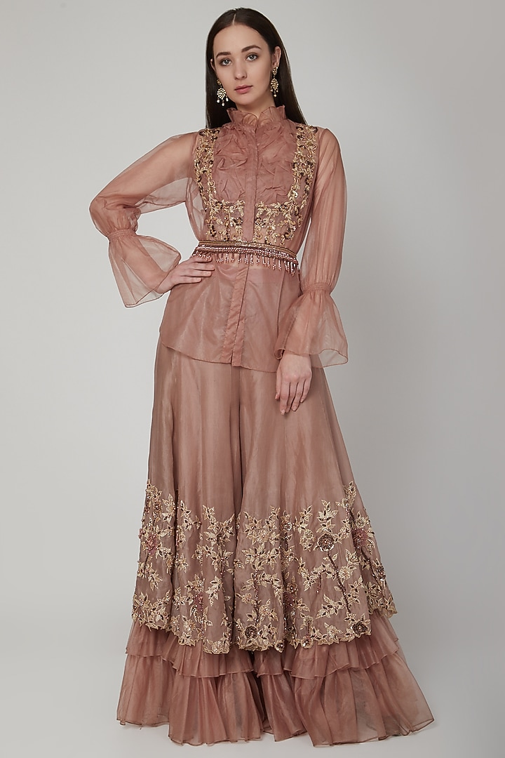 Almond Brown Embroidered Wedding Sharara Set by NIKITA KANODIA GUPTA at Pernia's Pop Up Shop