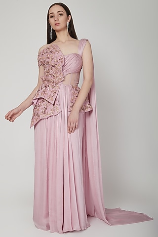 Lavender Pre-Stitched Embroidered Saree Set by NIKITA KANODIA GUPTA