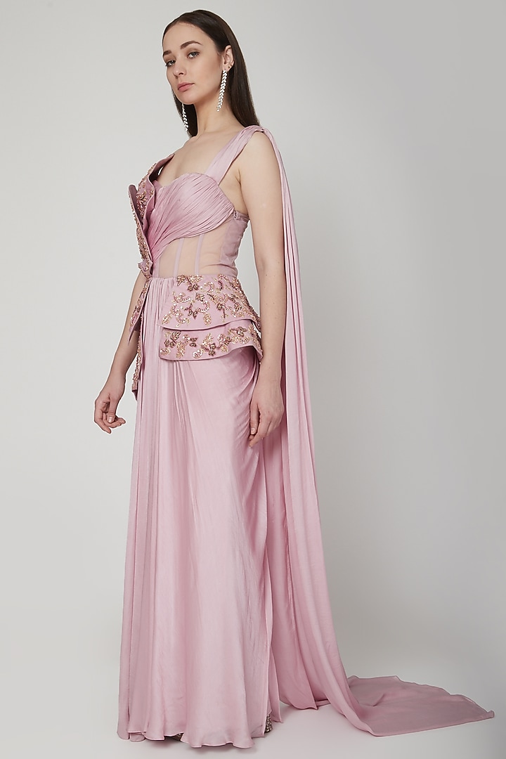 Lavender Pre-Stitched Embroidered Wedding Saree Set by NIKITA KANODIA GUPTA at Pernia's Pop Up Shop