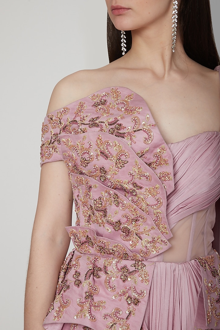 Lavender Pre-Stitched Embroidered Wedding Saree Set by NIKITA KANODIA GUPTA at Pernia's Pop Up Shop