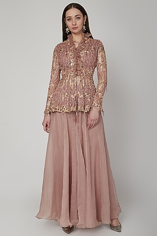 Almond Brown Embroidered Peplum Sharara Set by NIKITA KANODIA GUPTA