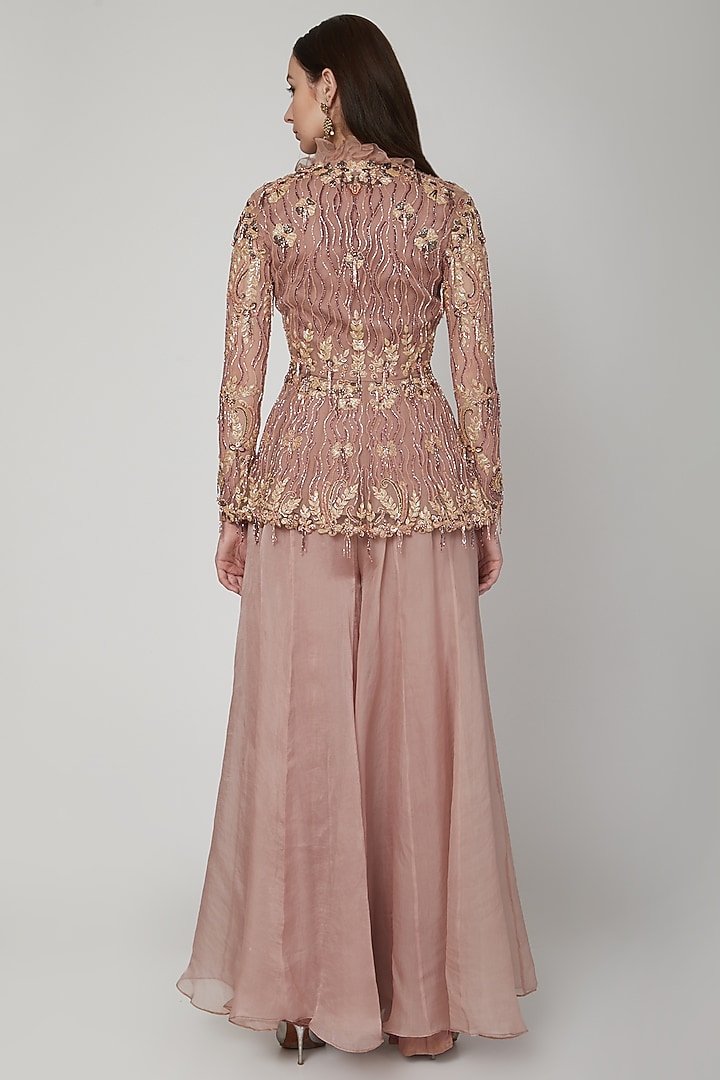 Almond Brown Embroidered Peplum Wedding Sharara Set by NIKITA KANODIA GUPTA at Pernia's Pop Up Shop