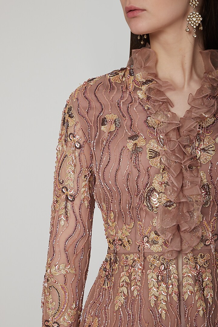 Almond Brown Embroidered Peplum Wedding Sharara Set by NIKITA KANODIA GUPTA at Pernia's Pop Up Shop