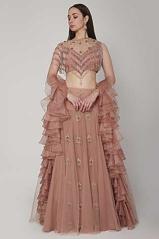 Almond Brown Embroidered Lehenga Set by Nitika Kanodia Gupta