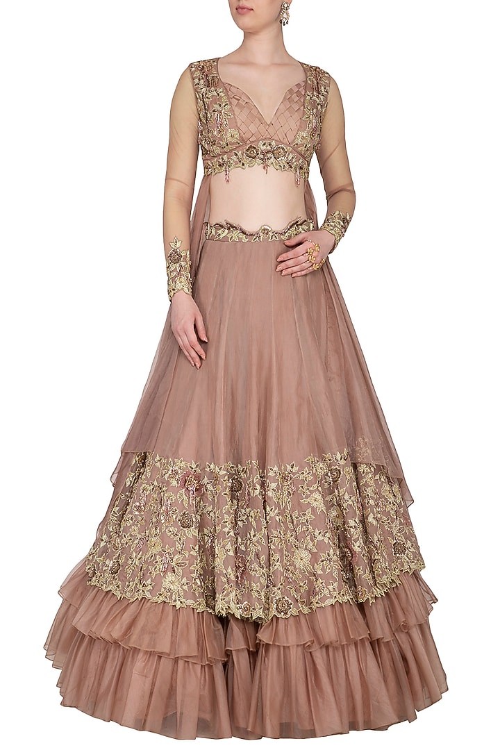 Almond Embroidered Ruffled Wedding Lehenga Set by NIKITA KANODIA GUPTA at Pernia's Pop Up Shop