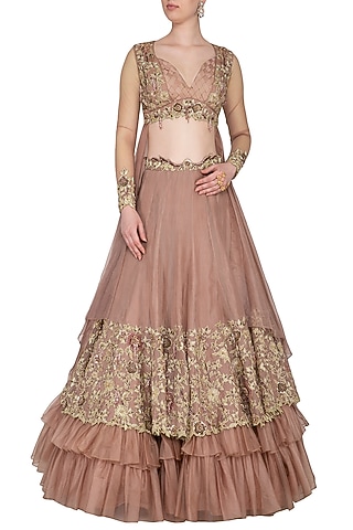 Almond Embroidered Ruffled Lehenga Set by NIKITA KANODIA GUPTA