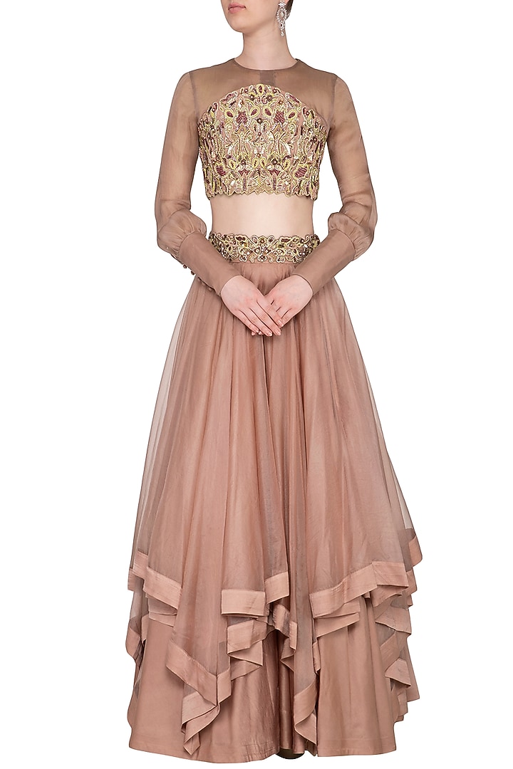 Almond Embroidered Layered Wedding Lehenga Set by NIKITA KANODIA GUPTA at Pernia's Pop Up Shop
