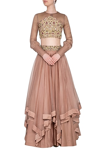 Almond Embroidered Layered Lehenga Set by NIKITA KANODIA GUPTA