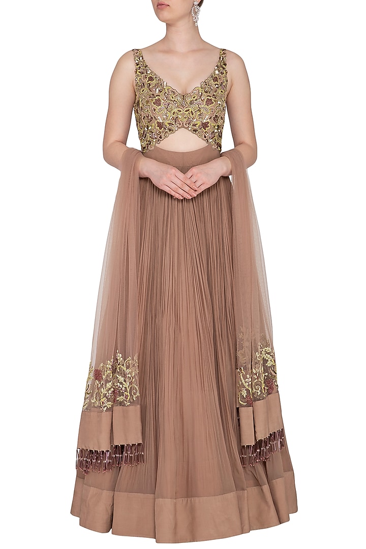 Almond Embroidered & Pleated Cutout Gown With Dupatta by NIKITA KANODIA GUPTA at Pernia's Pop Up Shop