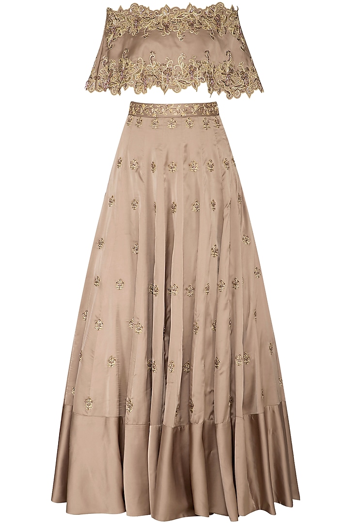 Almond Embroidered Off Shoulder Cape With Bustier & Lehenga Skirt by NIKITA KANODIA GUPTA