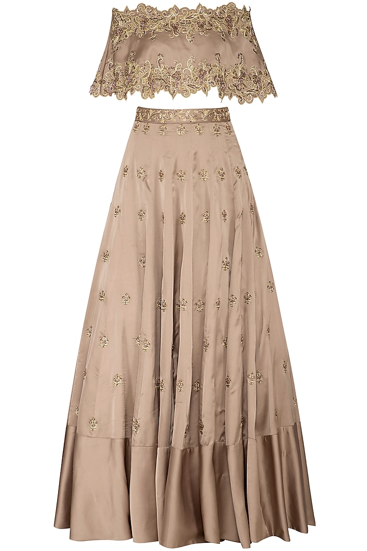 Almond Embroidered Off Shoulder Cape With Bustier & Lehenga Skirt by NIKITA KANODIA GUPTA at Pernia's Pop Up Shop