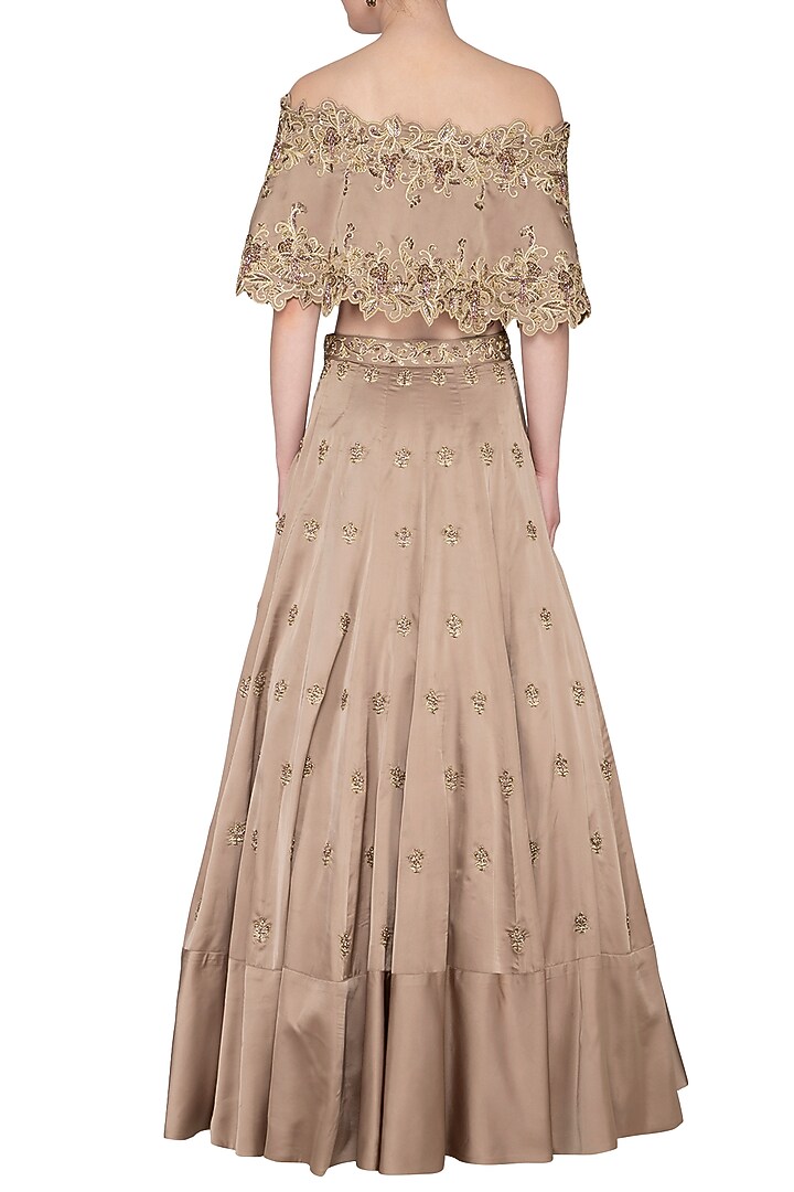 Almond Embroidered Off Shoulder Cape With Bustier & Lehenga Skirt by NIKITA KANODIA GUPTA at Pernia's Pop Up Shop