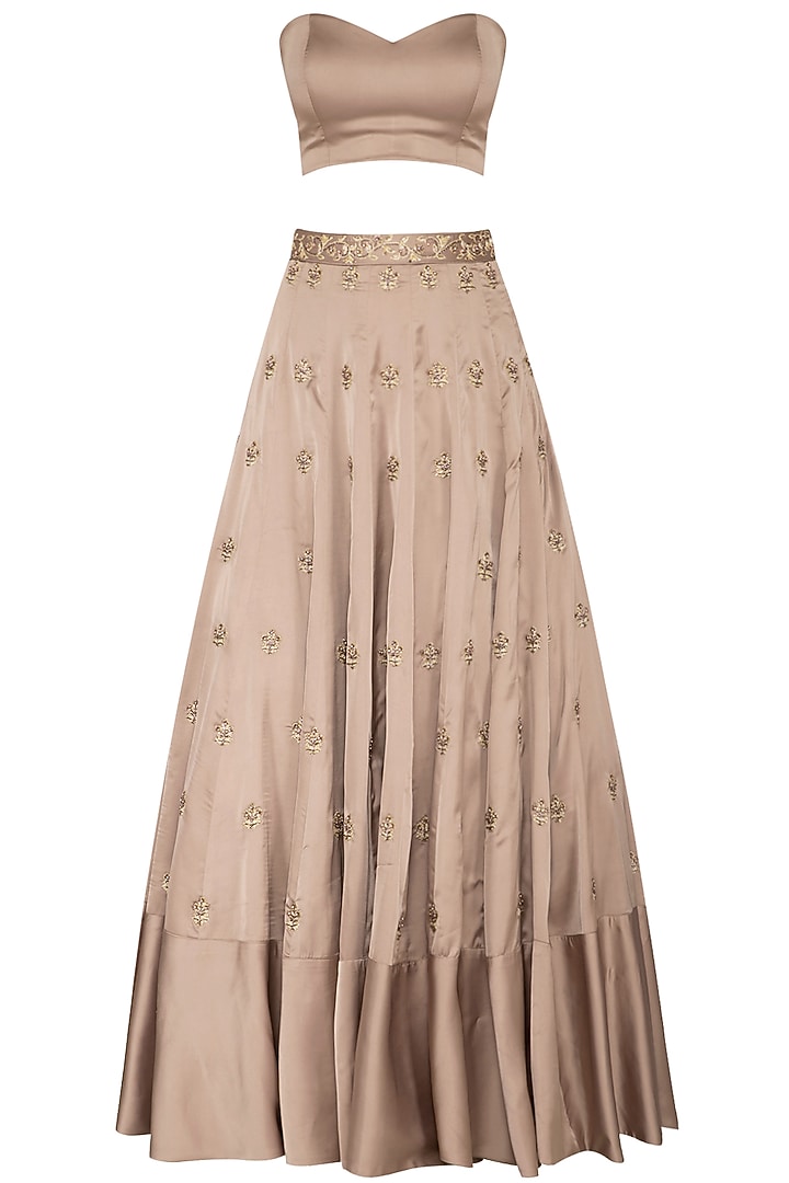 Almond Embroidered Off Shoulder Cape With Bustier & Lehenga Skirt by NIKITA KANODIA GUPTA at Pernia's Pop Up Shop