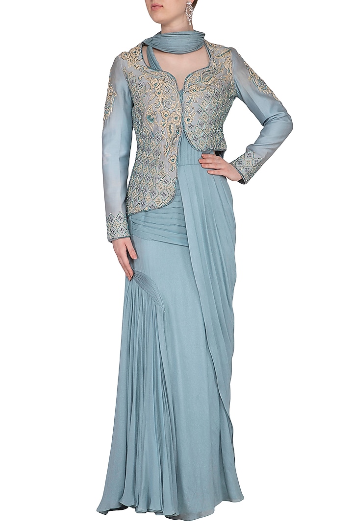 Baby Blue Georgette Hand Embroidered Pre-Stitched Drape Jacket Wedding Saree Set by NIKITA KANODIA GUPTA at Pernia's Pop Up Shop