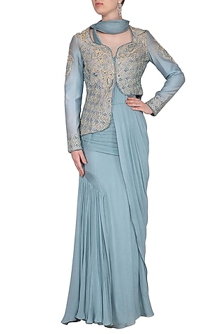 Baby Blue Georgette Hand Embroidered Pre-Stitched Drape Jacket Saree Set by NIKITA KANODIA GUPTA