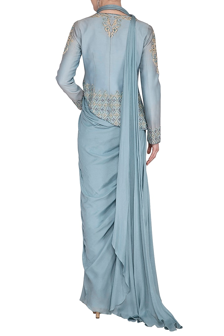 Baby Blue Georgette Hand Embroidered Pre-Stitched Drape Jacket Wedding Saree Set by NIKITA KANODIA GUPTA at Pernia's Pop Up Shop