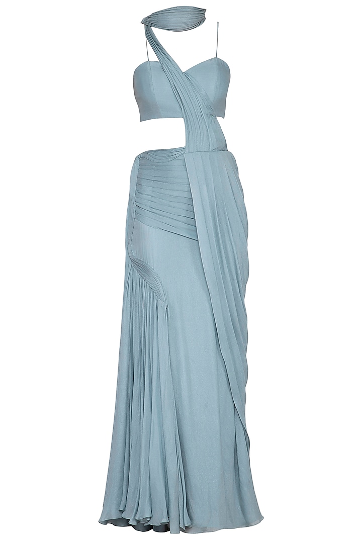 Baby Blue Georgette Hand Embroidered Pre-Stitched Drape Jacket Wedding Saree Set by NIKITA KANODIA GUPTA at Pernia's Pop Up Shop