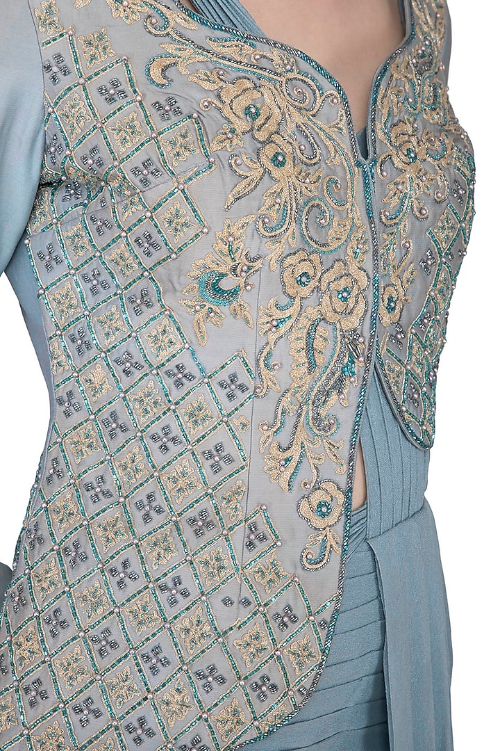 Baby Blue Georgette Hand Embroidered Pre-Stitched Drape Jacket Wedding Saree Set by NIKITA KANODIA GUPTA at Pernia's Pop Up Shop