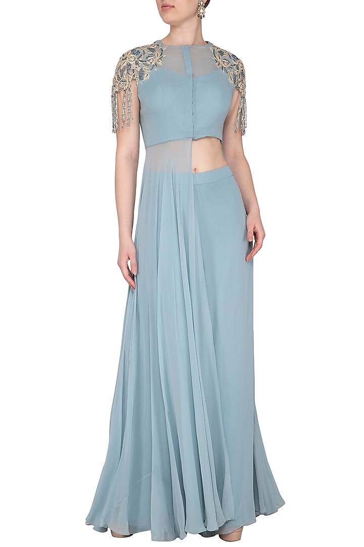 Baby Blue Embroidered Cutout Tunic With Palazzo Pants by NIKITA KANODIA GUPTA at Pernia's Pop Up Shop