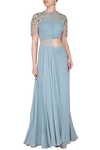 Baby Blue Embroidered Cutout Tunic With Palazzo Pants by NIKITA KANODIA GUPTA