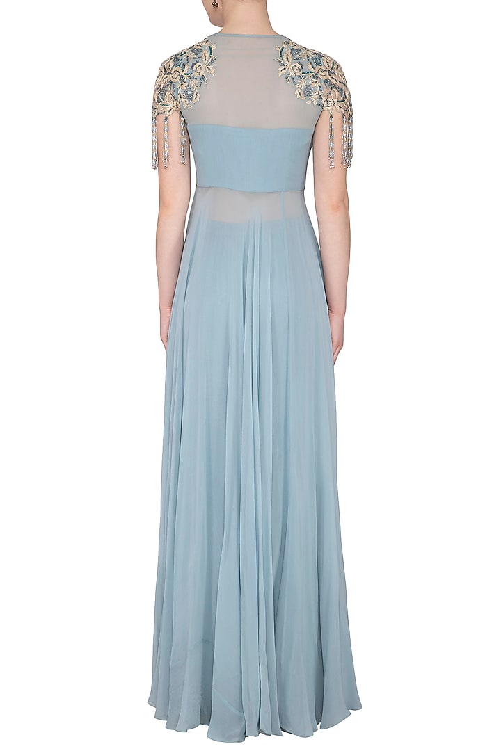 Baby Blue Embroidered Cutout Tunic With Palazzo Pants by NIKITA KANODIA GUPTA at Pernia's Pop Up Shop