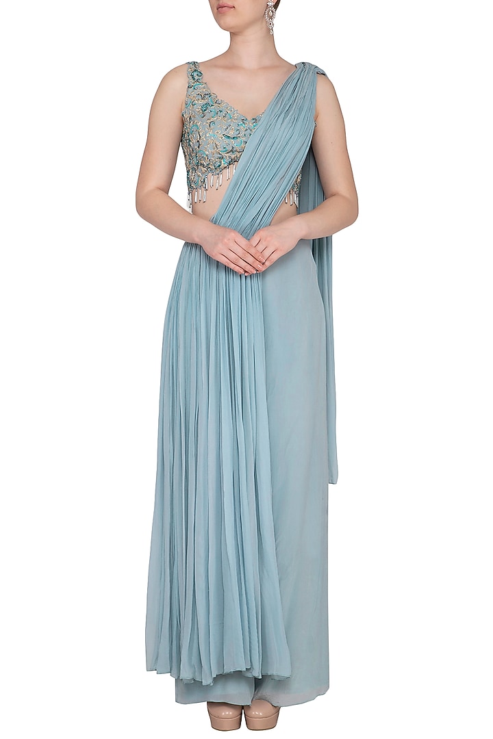 Baby Blue Crepe & Georgette Pre-Stitched Pant Set by NIKITA KANODIA GUPTA at Pernia's Pop Up Shop