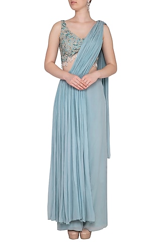 Baby Blue Crepe & Georgette Pre-Stitched Pant Set by NIKITA KANODIA GUPTA