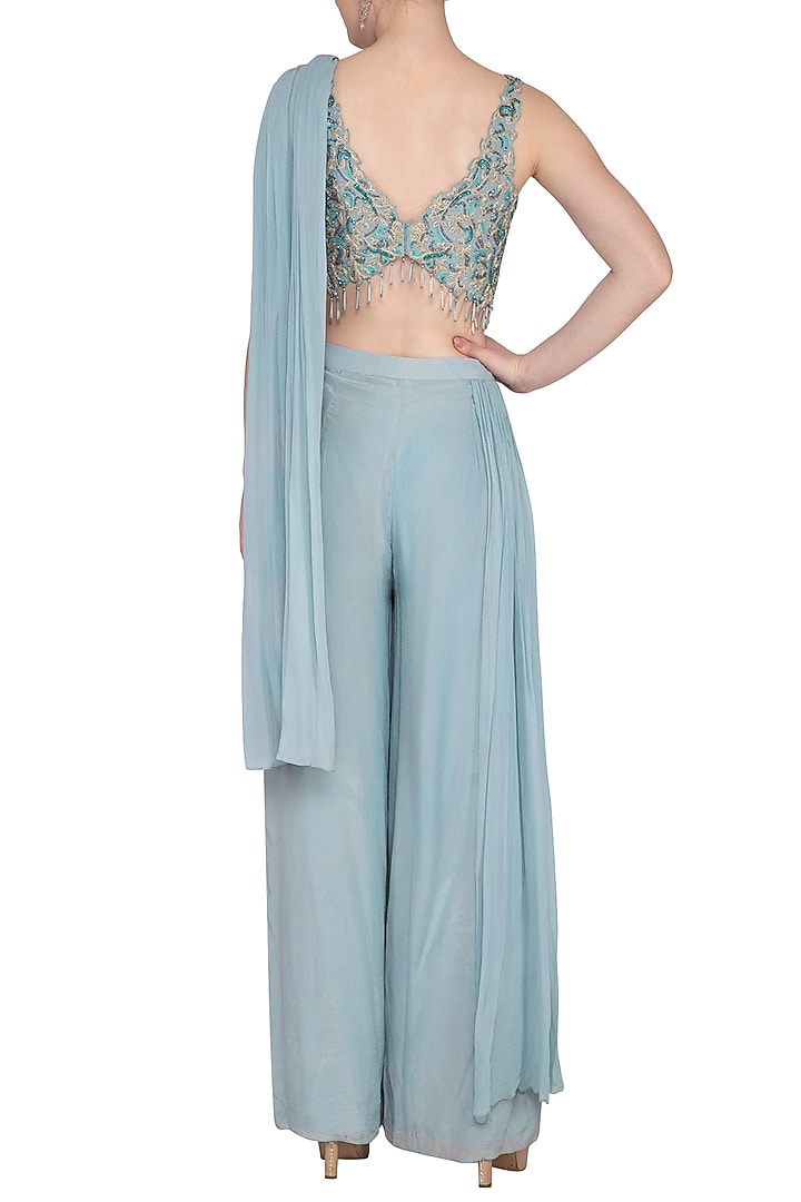 Baby Blue Crepe & Georgette Pre-Stitched Pant Set by NIKITA KANODIA GUPTA at Pernia's Pop Up Shop