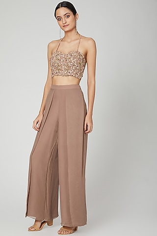 Brown Georgette Flared Pant Set by Nitika Kanodia Gupta