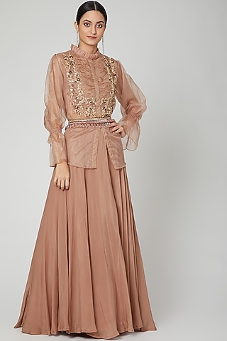 Brown Embroidered Skirt Set by Nitika Kanodia Gupta