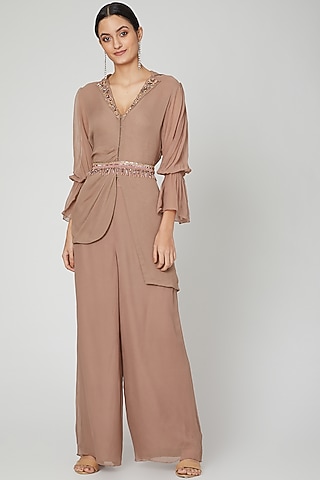 Brown Georgette Co-Ord Set by Nitika Kanodia Gupta